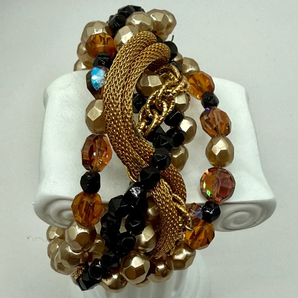 Bohemian Mixed Media Multi-Strand Wire Bracelet Adjustable Glass, AB, Gold Tone